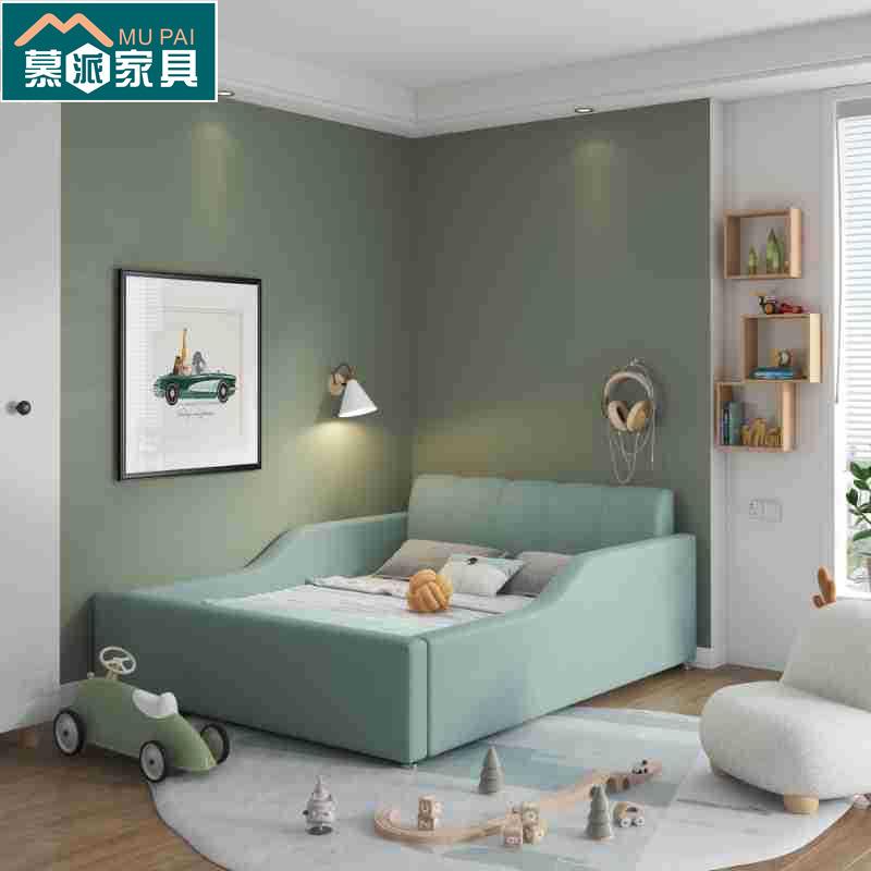 现代简约男孩女孩床榻榻米加宽多功能床奶油风儿童实木带护栏小床
