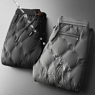 菱形防水加厚格保暖直筒男士裤白鹅绒外穿松紧腰 户外羽绒裤冬季