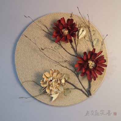 干花复古墙面装饰手工民宿壁挂壁饰圆形装饰画玄关新中式家居麻绳图片