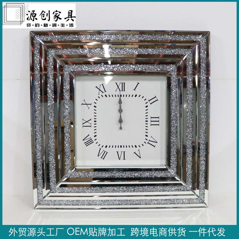玻璃碎钻镜面正方形挂钟时钟客厅房间壁挂钟酒店静音现代简约时尚