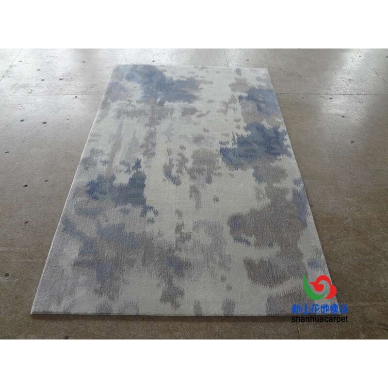 新中式蓝色抽象水墨画样板房手工羊毛客厅茶几地毯书房卧室床前毯