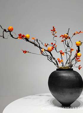 新中式仿真秋色橙色石榴花艺盆景样板间玄关桌茶几水吧台前台盆栽