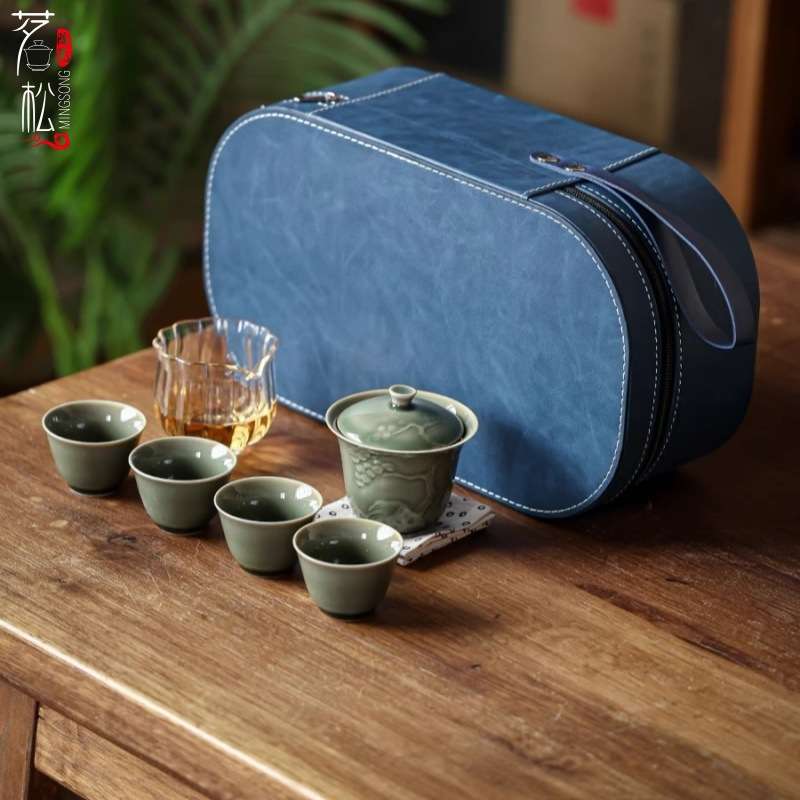越窑青瓷浮雕旅行便携式户外茶具功夫套装一壶四杯陶瓷盖碗茶杯