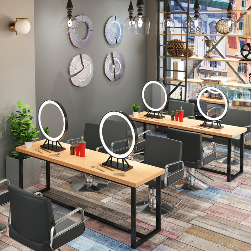 网红发廊美发镜台理发p店单双面镜子带灯实木烫染桌化妆专用梳妆