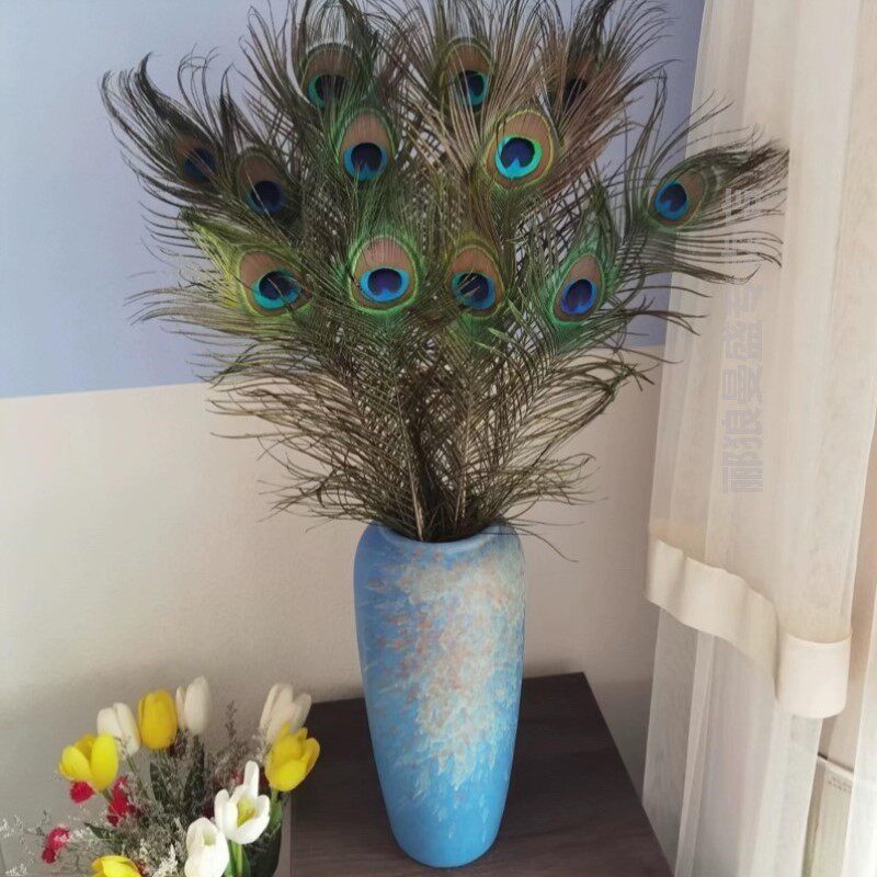 孔雀羽毛插瓶创意手绘陶瓷花瓶现代客厅高档桌面陶瓷大花瓶摆件
