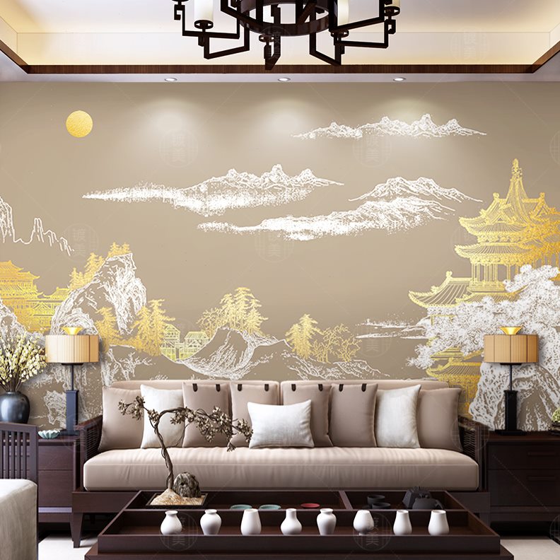 饭店墙布金色餐厅壁画客厅新中式山水墙面背景墙壁纸卧室茶室壁布