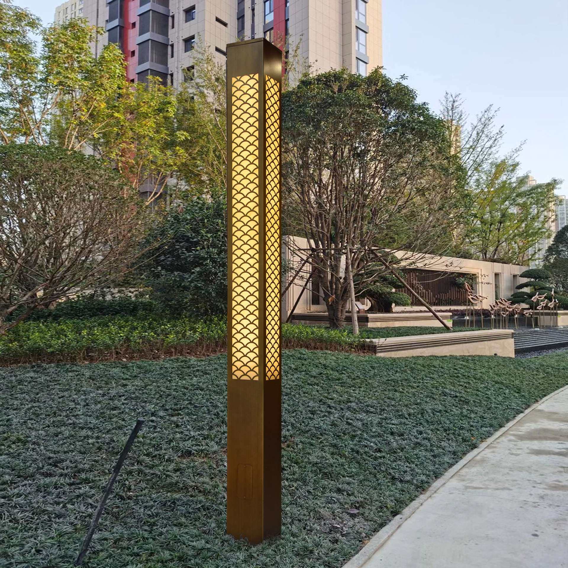 中式户外仿云石景观灯方形不锈钢麟纹庭院灯青铜拉丝室外落地灯