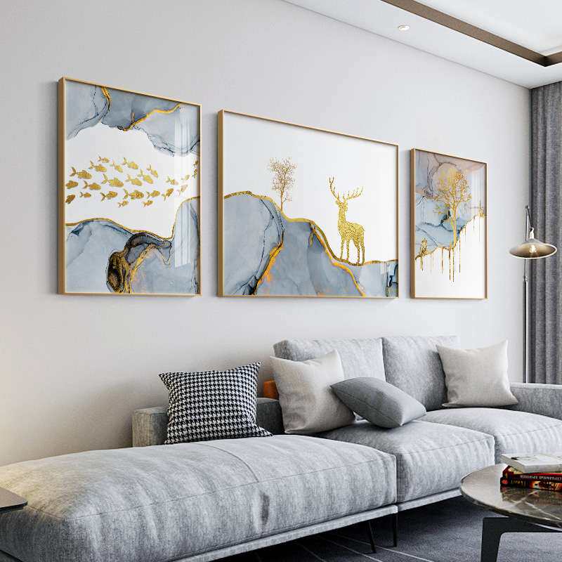 现代简约客厅装饰画北欧沙发背景后面三联画麋鹿大厅墙画挂画轻奢