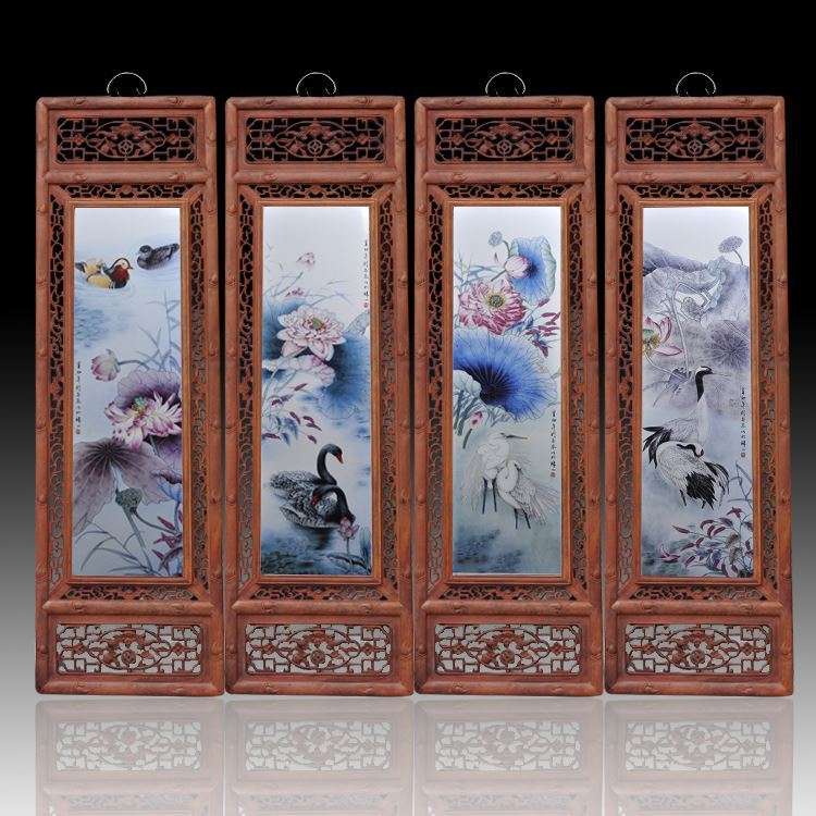 景德镇陶瓷瓷板画 粉彩荷花鸟四件套屏风挂画 客厅书房壁画
