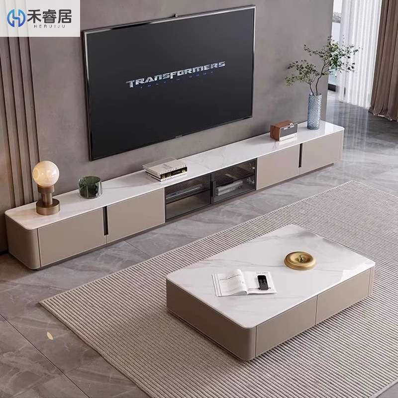 简约岩板电视柜现代小户型客厅家用地柜灰色加高实木电视柜茶几