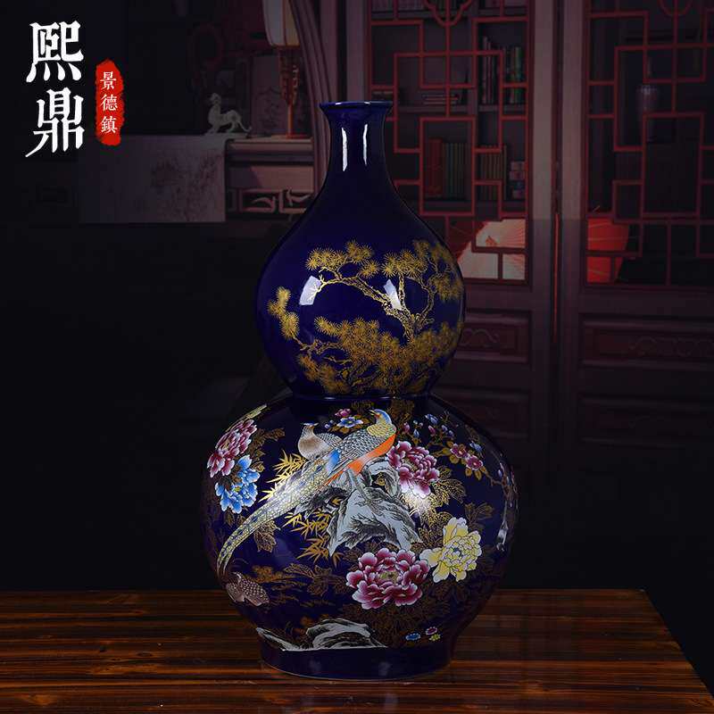 陶瓷落地大花瓶蓝色花鸟葫芦瓶陶瓷葫芦室内家居玄关装饰品摆件