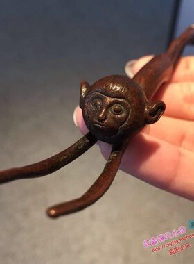 挑 茶道茶宠紫小铜盖插纯铜壶实心壶仿古猴子物件 手工小摆件