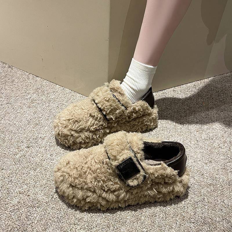 厚底棉鞋女冬季外穿2025新款一脚蹬豆豆鞋加绒保暖魔术贴毛毛鞋子