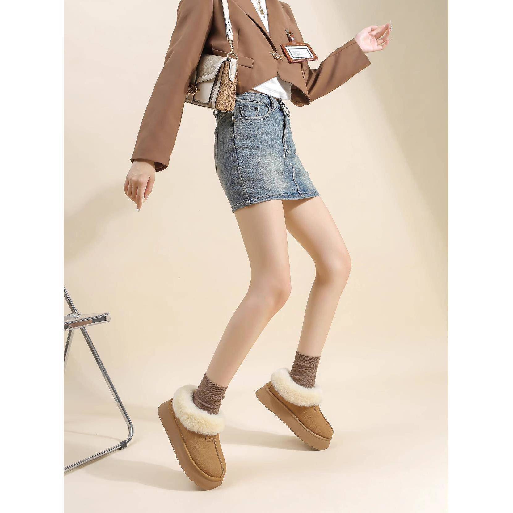 小个子厚底低帮雪地靴女款加绒加厚2025年新款一脚蹬冬季毛毛棉鞋