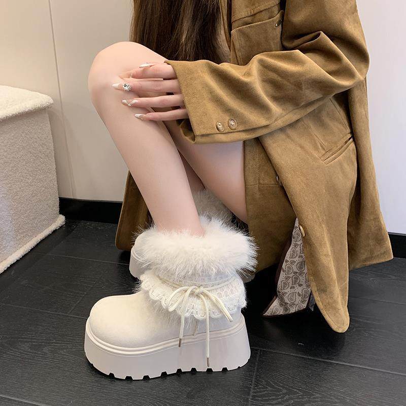 2025年雪地靴女冬新款法式芭蕾风花边厚底增高加绒保暖毛毛棉靴,女鞋,时尚雪地靴,淘宝优惠券,粉丝福利购,淘宝优惠卷