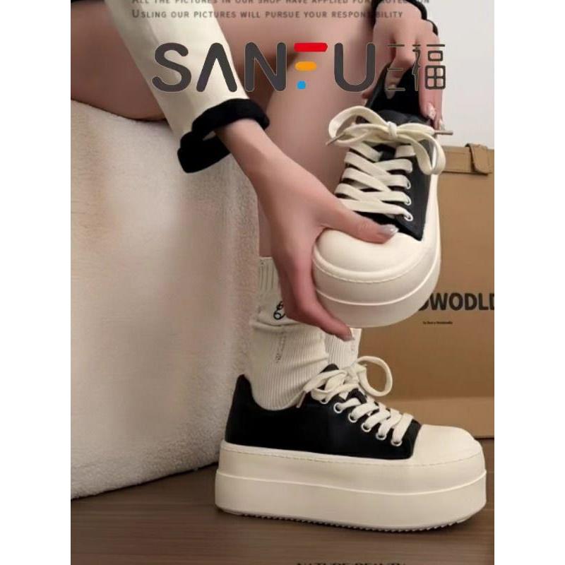 丑萌大头面包鞋女小个子厚底增高百搭休闲运动加绒松糕小白鞋