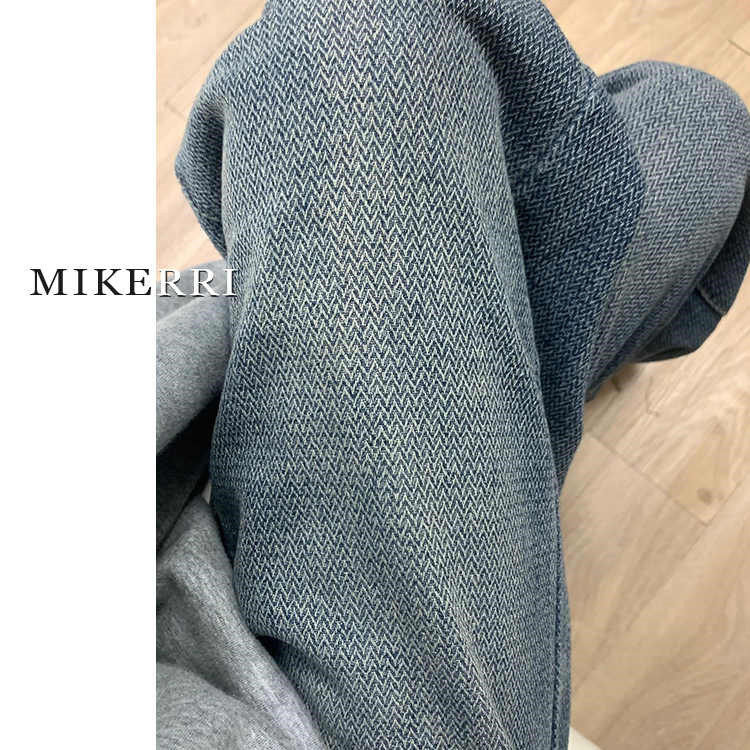 复古麦穗牛仔裤女加厚秋季加绒大码胖mm宽松显瘦星空纹阔腿直筒裤