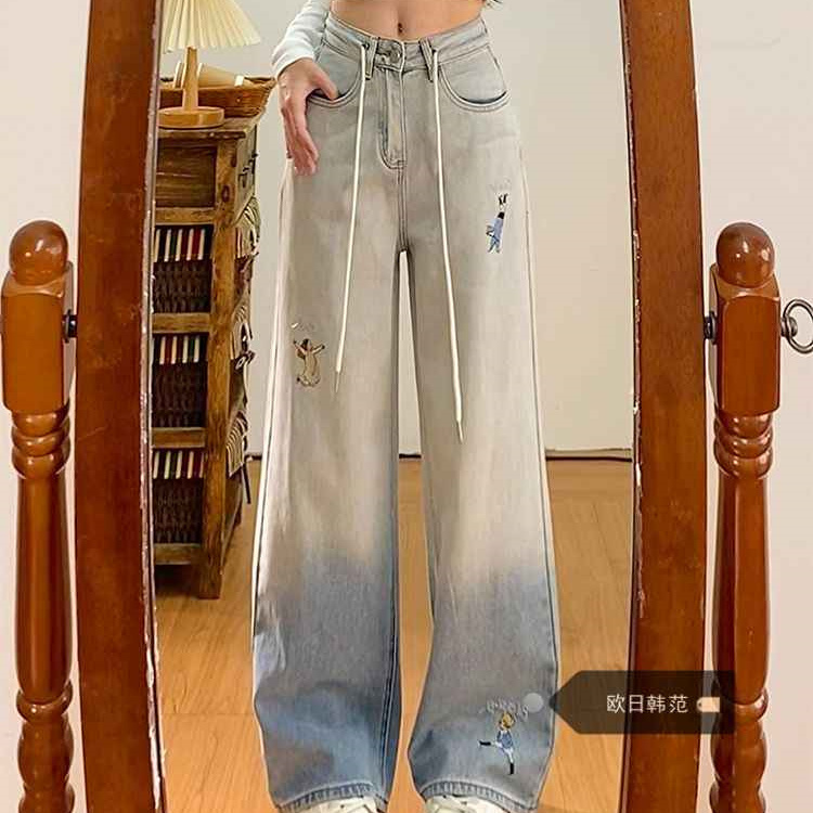 美式复古浅蓝渐变牛仔裤女2025夏秋季新款辣妹设计感阔腿拖地裤子