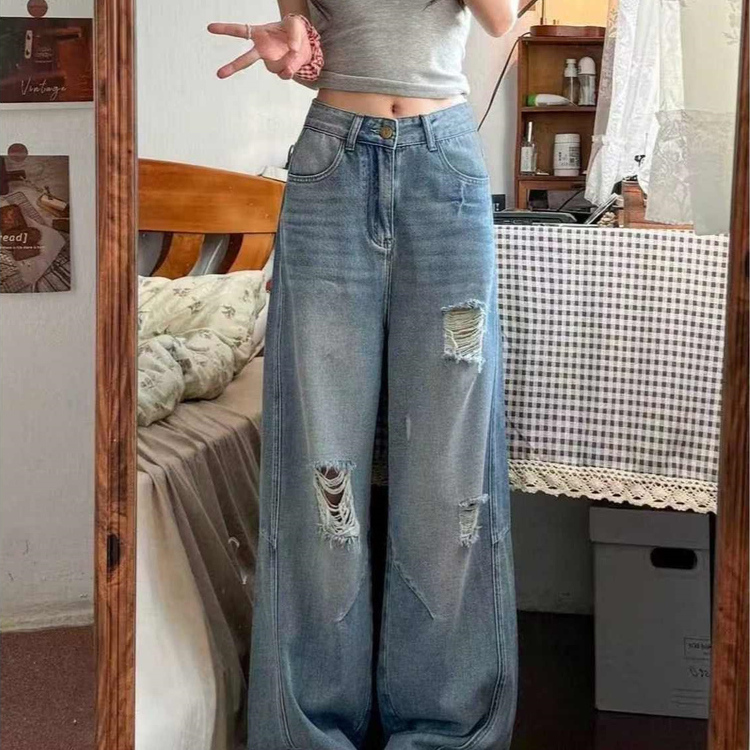 美式破洞牛仔裤女夏季新款大码胖mm宽松显瘦梨形身材高腰阔腿裤子