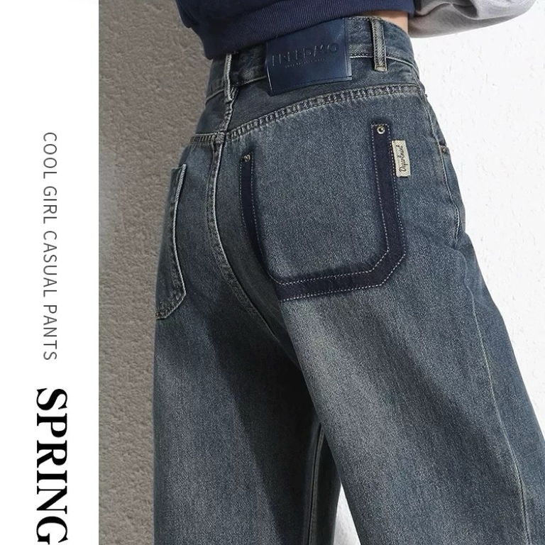 复古阔腿牛仔裤女2025年夏秋季新款高腰宽松遮胯显瘦直筒长裤子潮