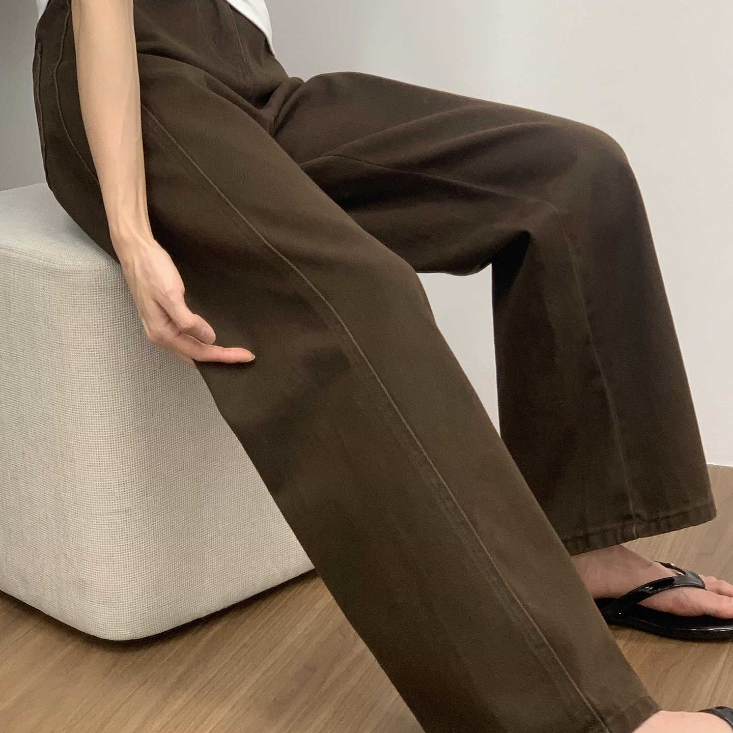 美式棕咖色直筒牛仔裤女2025夏季新款美拉德高腰显瘦阔腿拖地裤子