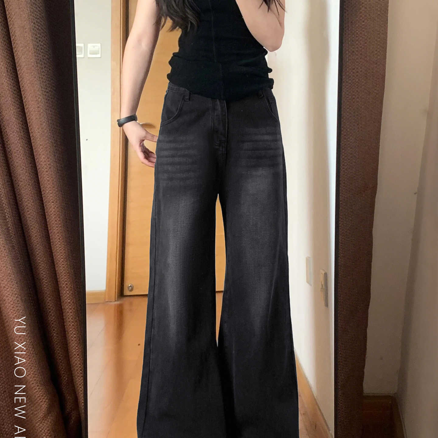 黑灰色阔腿牛仔裤女秋季新款宽松大码胖mm显瘦梨形身材拖地直筒裤