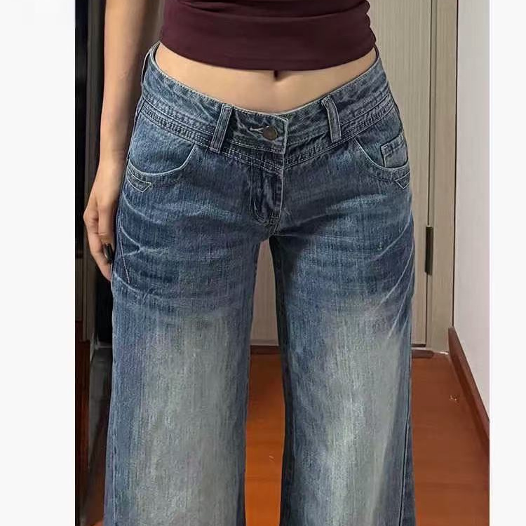 美式复古低腰微喇牛仔裤女2025年新款宽松直筒拖地裤不贴腿喇叭裤