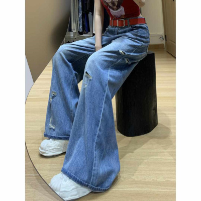 欧货蓝色高腰破洞牛仔裤