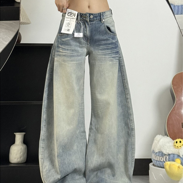 美式闪电纹弯刀牛仔裤女2025新款秋季设计感宽松阔腿梧桐镰刀裤子