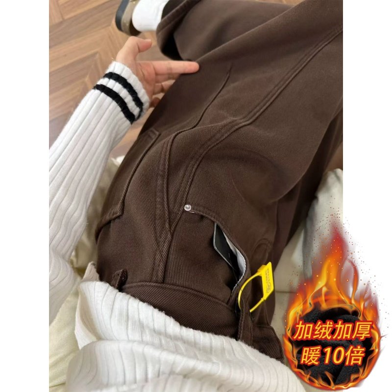 圣保维丽棕色裤子冬胖mm大码加绒加厚牛仔裤阔腿裤咖色弯刀长裤女