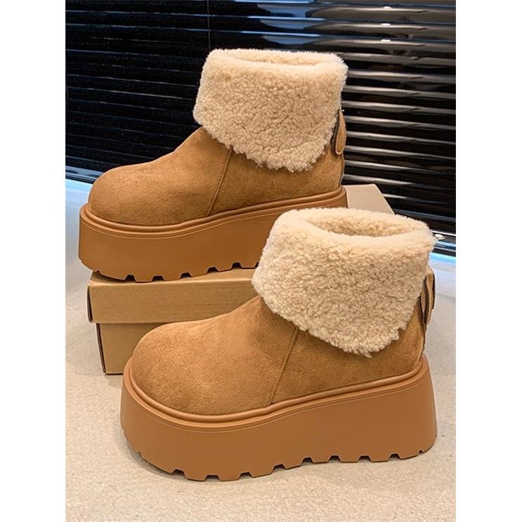 厚底增高雪地靴女2025新款冬季加绒保暖毛毛短靴时尚丑萌大头棉鞋