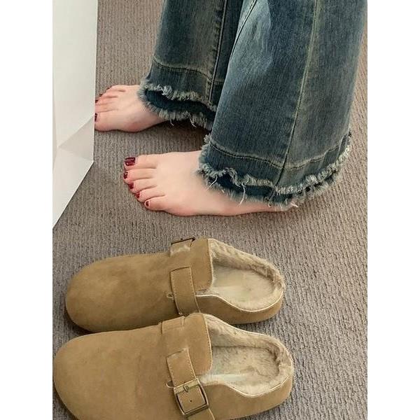 品牌撤柜绒面平底博肯鞋女毛毛包头半拖鞋2025秋冬新款加绒棉拖鞋