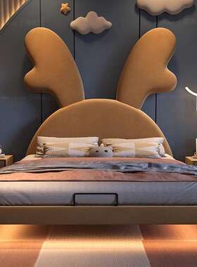 意式极简儿童床男孩女孩公主床轻奢现代1.5米皮床1.8米实木儿童床