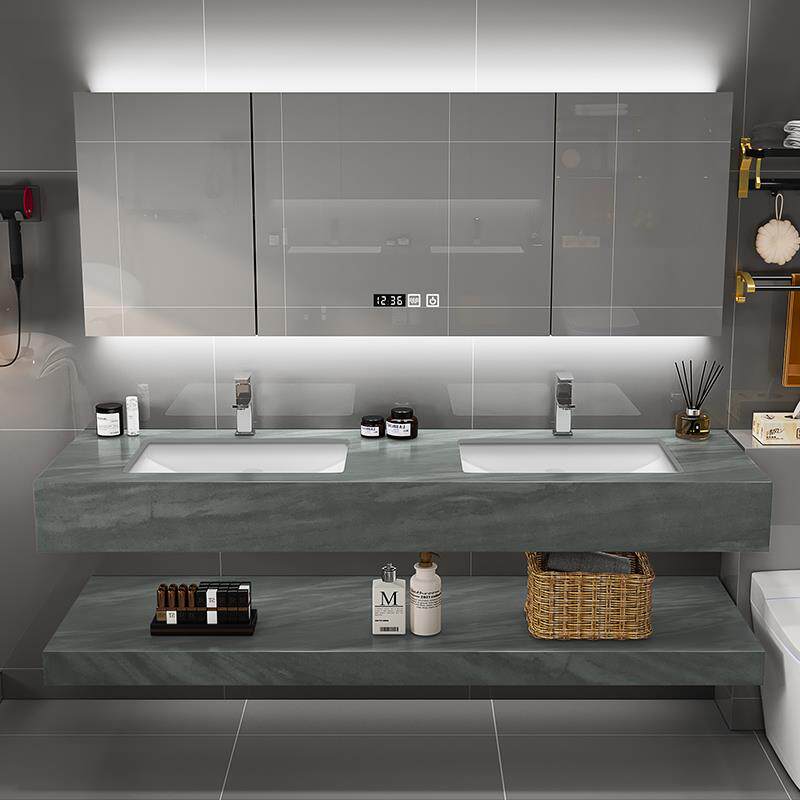 N5现代岩板一体双台盆浴室柜组合卫生间大尺寸轻奢洗手双盆智能台