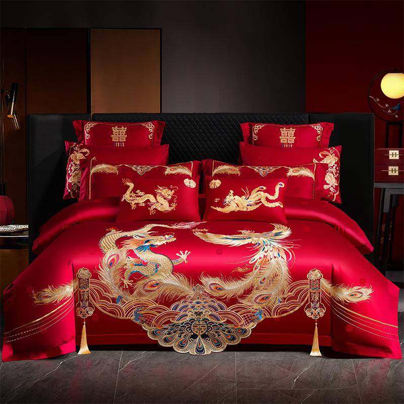 120支双面长绒棉结婚四件套红色龙凤刺绣婚庆多件套床上用品大红