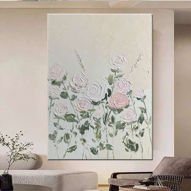 手绘油画粉色玫瑰花客厅玄关装饰画奶油风轻奢立体肌理画卧室餐厅图片