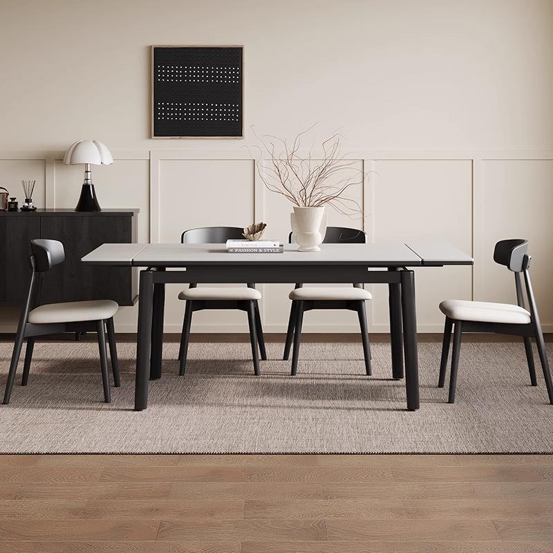 奶油风极简岩板伸缩折叠餐桌椅组合长方形小户型现代简约实木饭桌