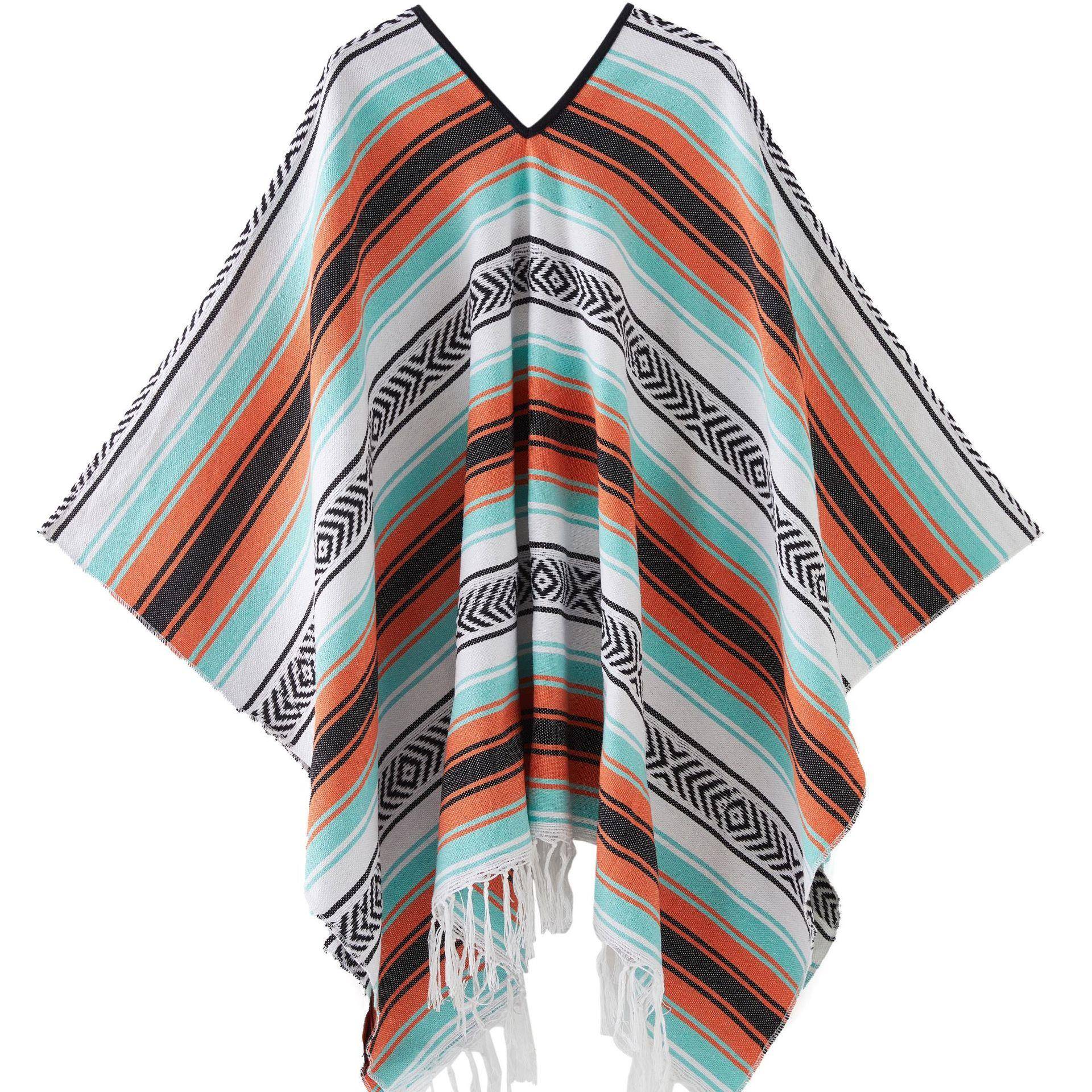 墨西哥几何流苏风格毯梭织流苏套头披肩墨西哥斗篷披肩