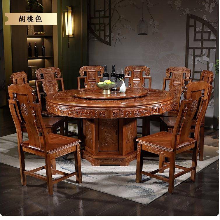 实木橡木圆形餐桌椅组合大小户型饭桌中式仿古雕花大圆桌雕花圆桌