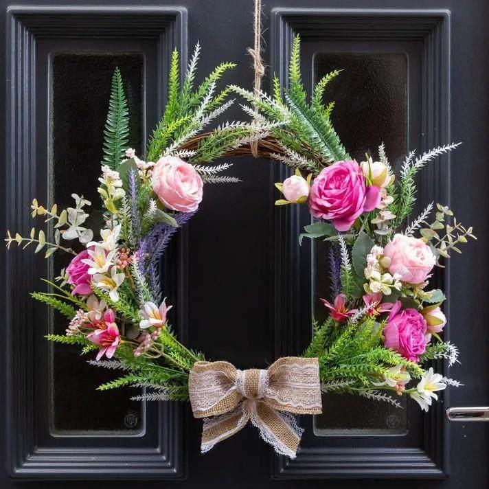 创意仿真花蝴蝶结花环橱窗装饰壁挂庭院婚庆婚礼假花藤圈布置挂饰