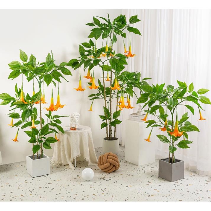 新品仿真曼陀罗盆栽带花绿色植物乔木橙色喇叭花仿真树花艺布置假