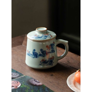 釉中彩青花天青汝窑复古陶瓷马克杯带盖过滤茶杯办公室泡茶杯子