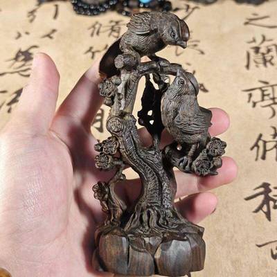 印尼沉香木雕喜上眉梢摆件实心精雕喜鹊摆件实心文玩工艺品14cm