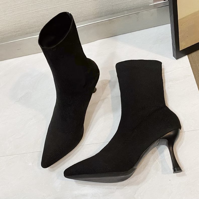 新款尖头2023高跟瘦瘦靴毛线靴年细跟中筒单靴显瘦秋冬女短靴弹力