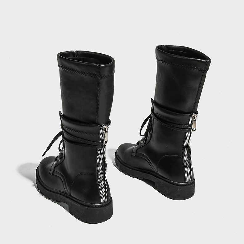 网红绑带短靴弹力后靴百搭拉链新款显瘦中跟2023机车马丁靴女中筒