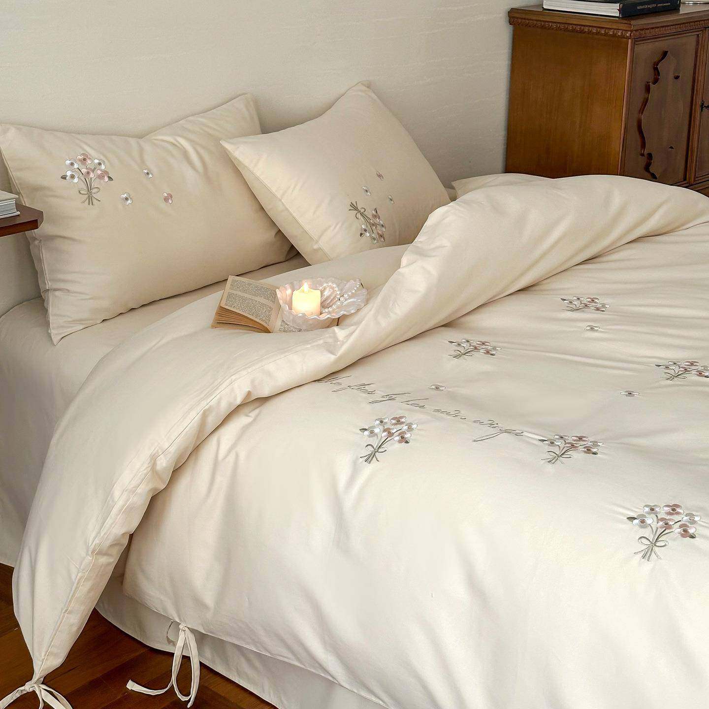 秋冬加厚100S长绒棉磨毛四件套纯棉刺绣床单被套少女心绑带款床品