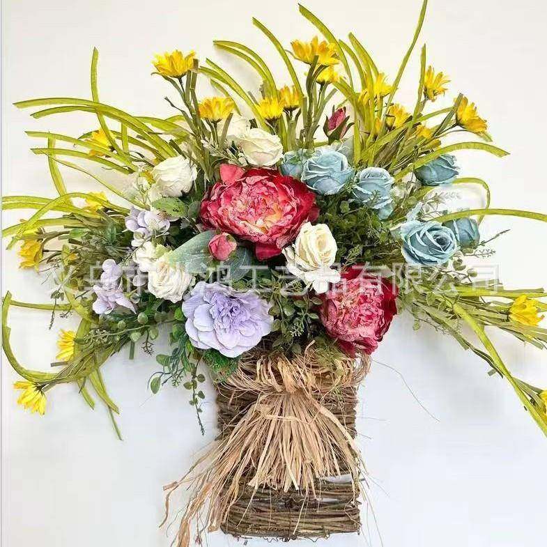 情人节装饰家居墙饰藤篮花环前门花篮玫瑰花墙饰花环家居门廊挂饰