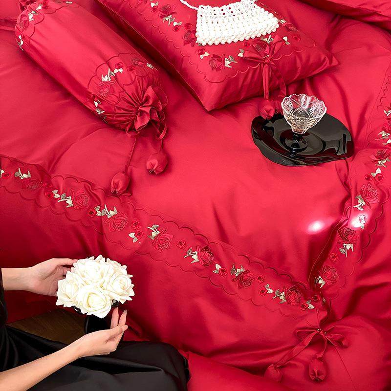 婚庆长绒棉红色全棉四件套玫瑰刺绣结婚纯棉被套喜庆婚房床上用品
