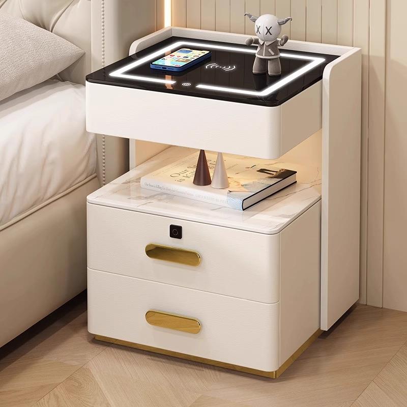 智能床头柜多功能收纳实木现代简约免安装卧室充电储物三层床边柜