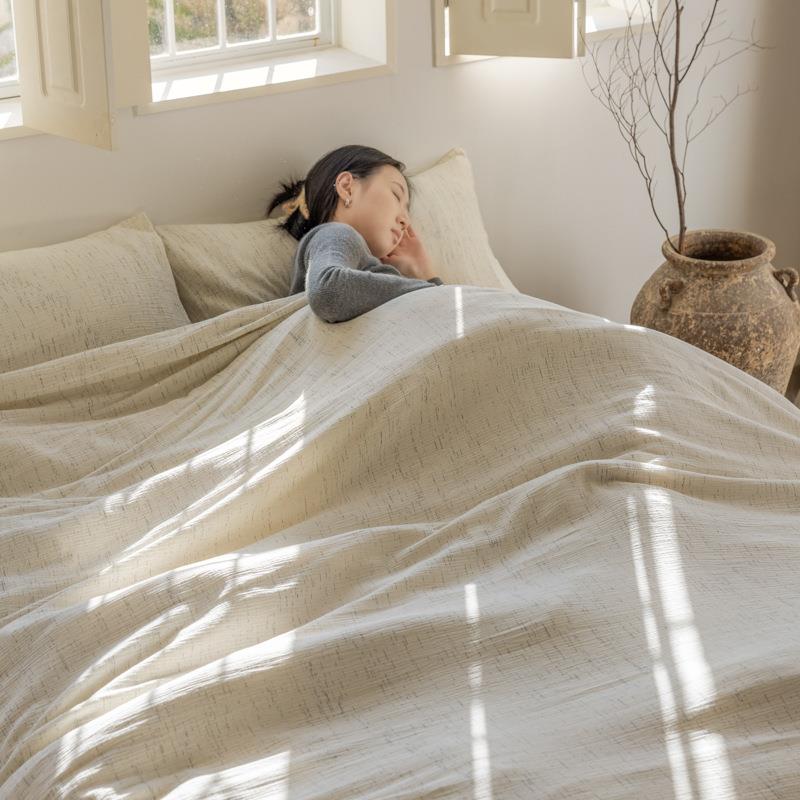 A类春夏2024新款全棉色织段染双层皱皱纱四件套纱布被套床上用品